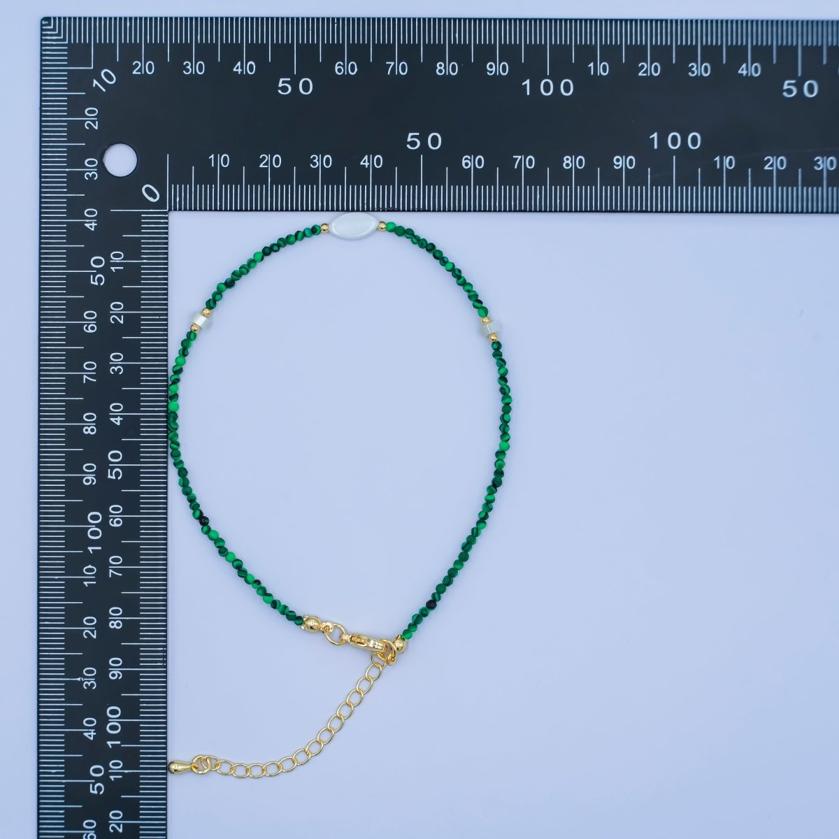 24K Gold Filled 2mm Shell Pearl Malachite Multifaceted Gemstone 9 Inch Anklet | WA - 2946 - DLUXCA
