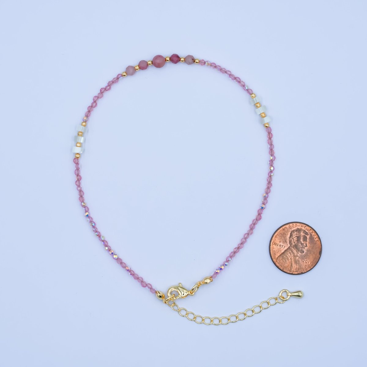 24K Gold Filled 2mm Shell Pearl Pink Quartz Multifaceted Gemstone 9 Inch Anklet Bracelet | WA-2945 - DLUXCA
