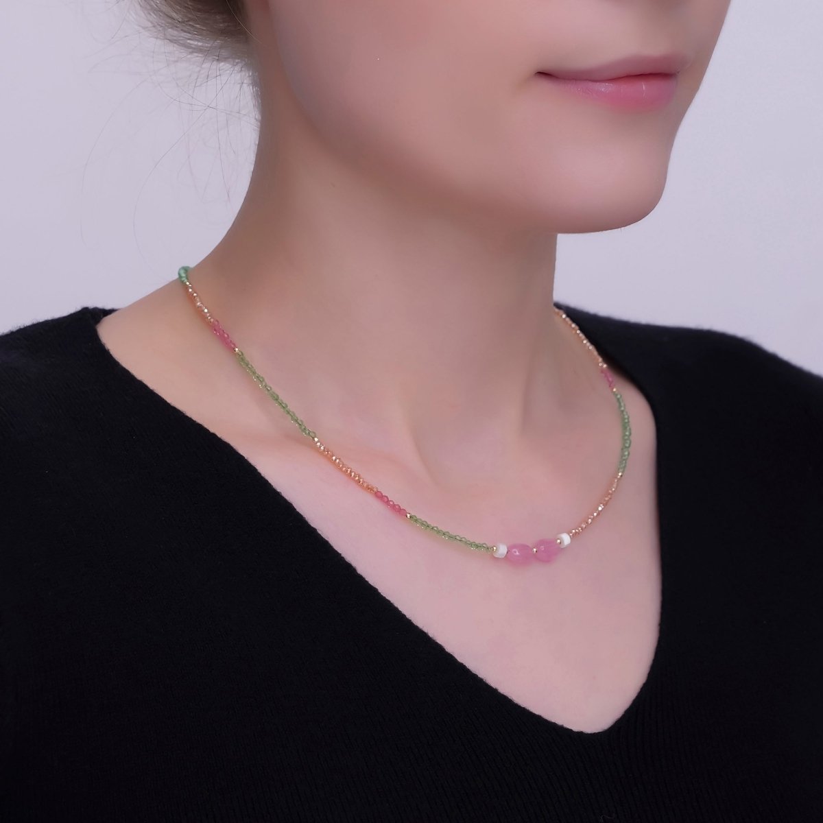 24K Gold Filled 2mm Watermelon Quartz Gemstone 16 Inch Necklace | WA - 2959 - DLUXCA