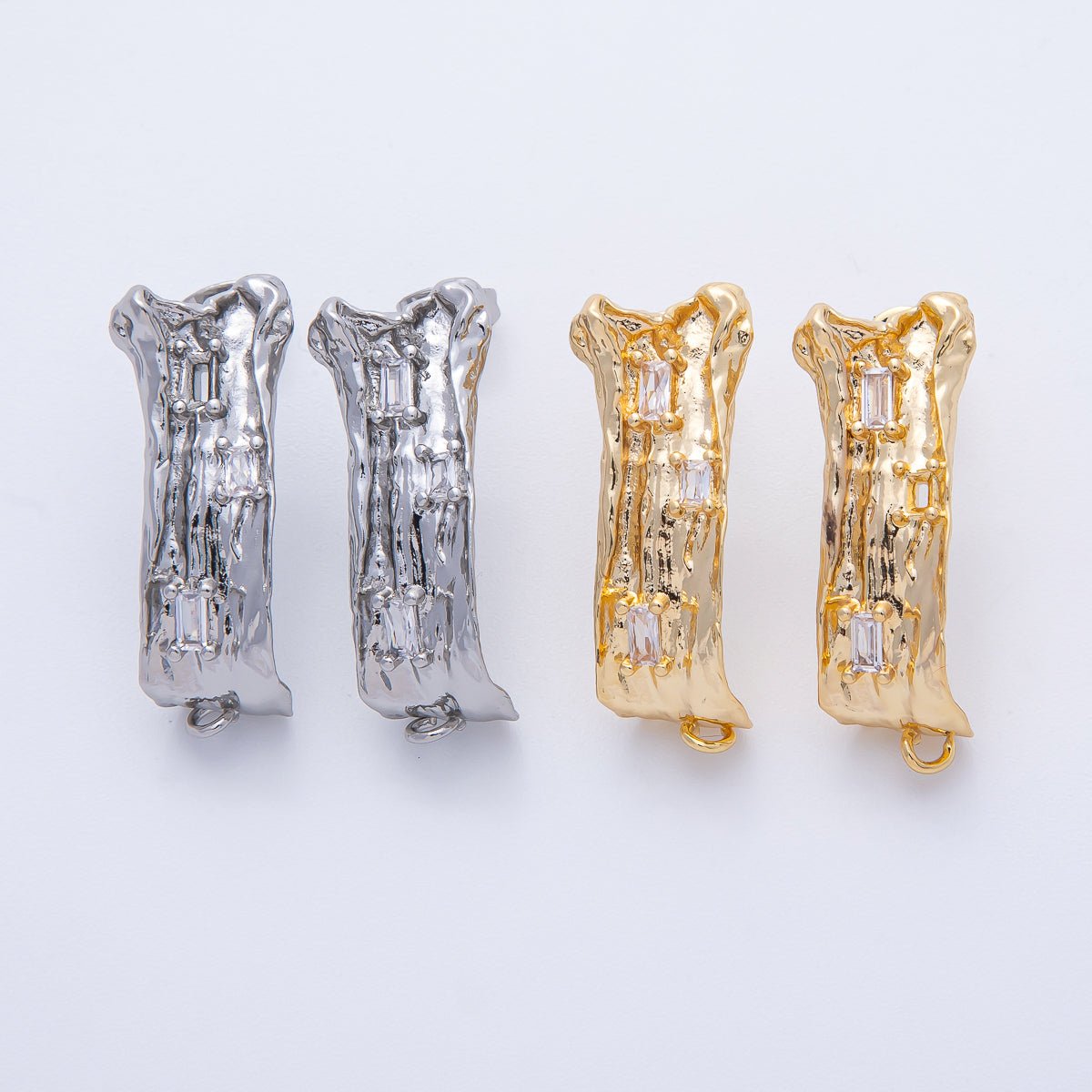 24K Gold Filled 30mm Baguette CZ Hammered Tube Drop Stud Earrings in Gold & Silver | Z1668 - DLUXCA