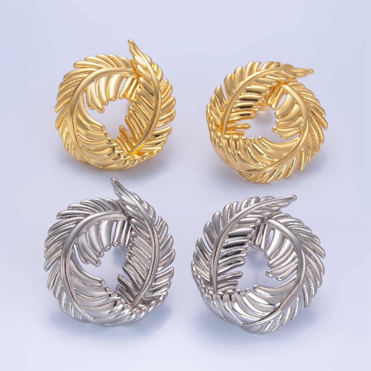 24K Gold Filled 30mm Circular Leaf Stud Earrings in Gold & Silver | V486 V487 - DLUXCA