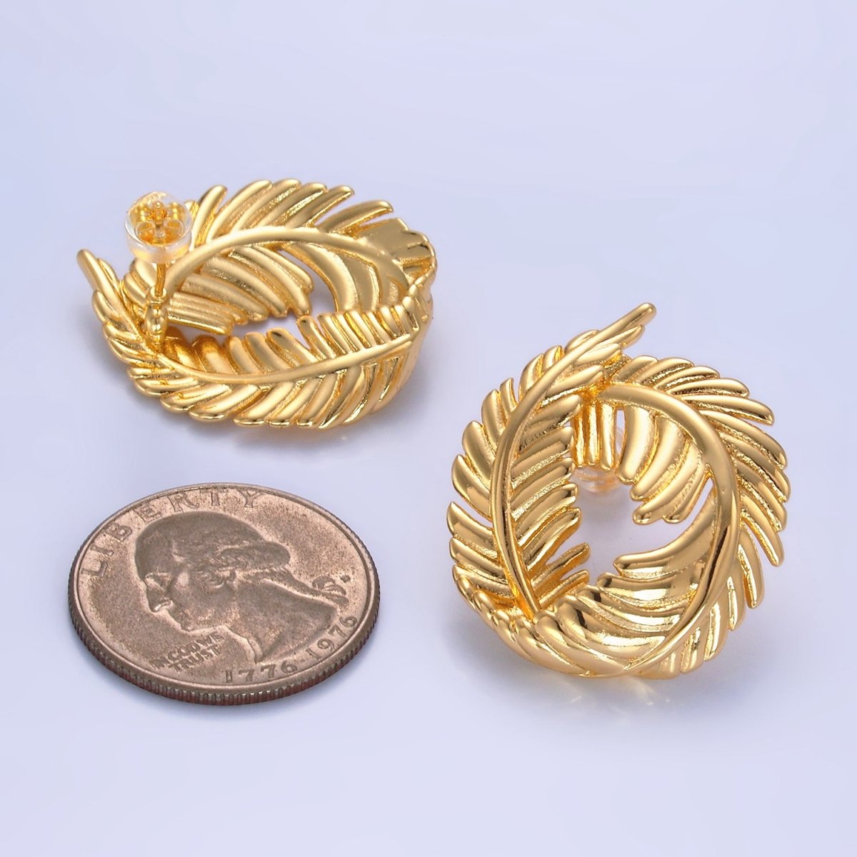 24K Gold Filled 30mm Circular Leaf Stud Earrings in Gold & Silver | V486 V487 - DLUXCA