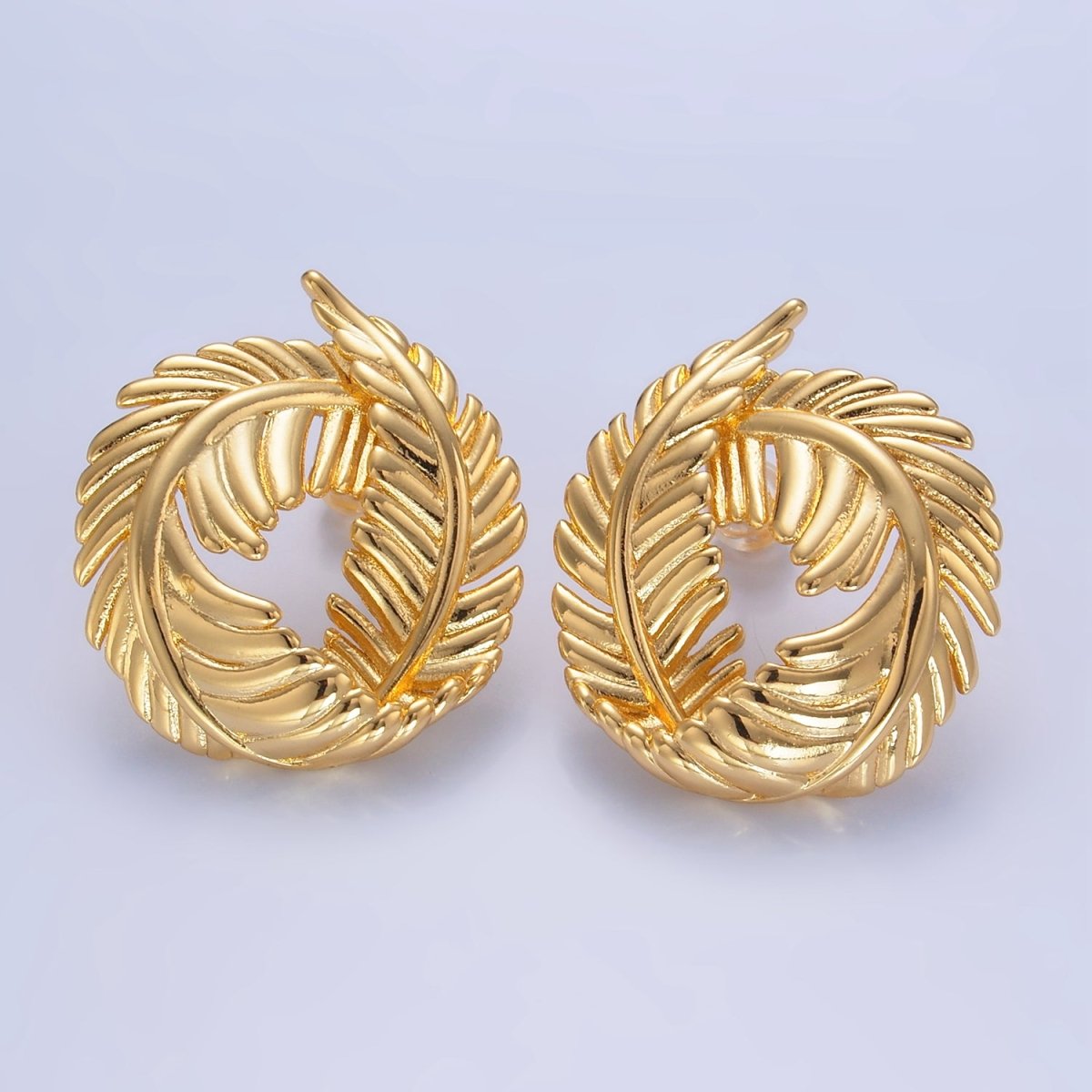 24K Gold Filled 30mm Circular Leaf Stud Earrings in Gold & Silver | V486 V487 - DLUXCA