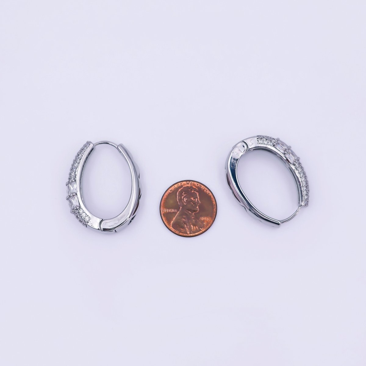 24K Gold Filled 30mm Clear CZ Baguette Micro Paved Oblong Hoop Earrings in Gold & Silver | AI523 AI524 - DLUXCA