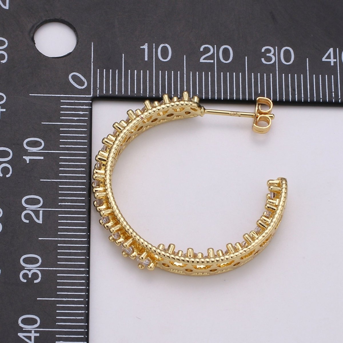 24K Gold Filled 30mm Clear CZ Front - Facing C - Shaped Hoop Earrings | Q420 - DLUXCA