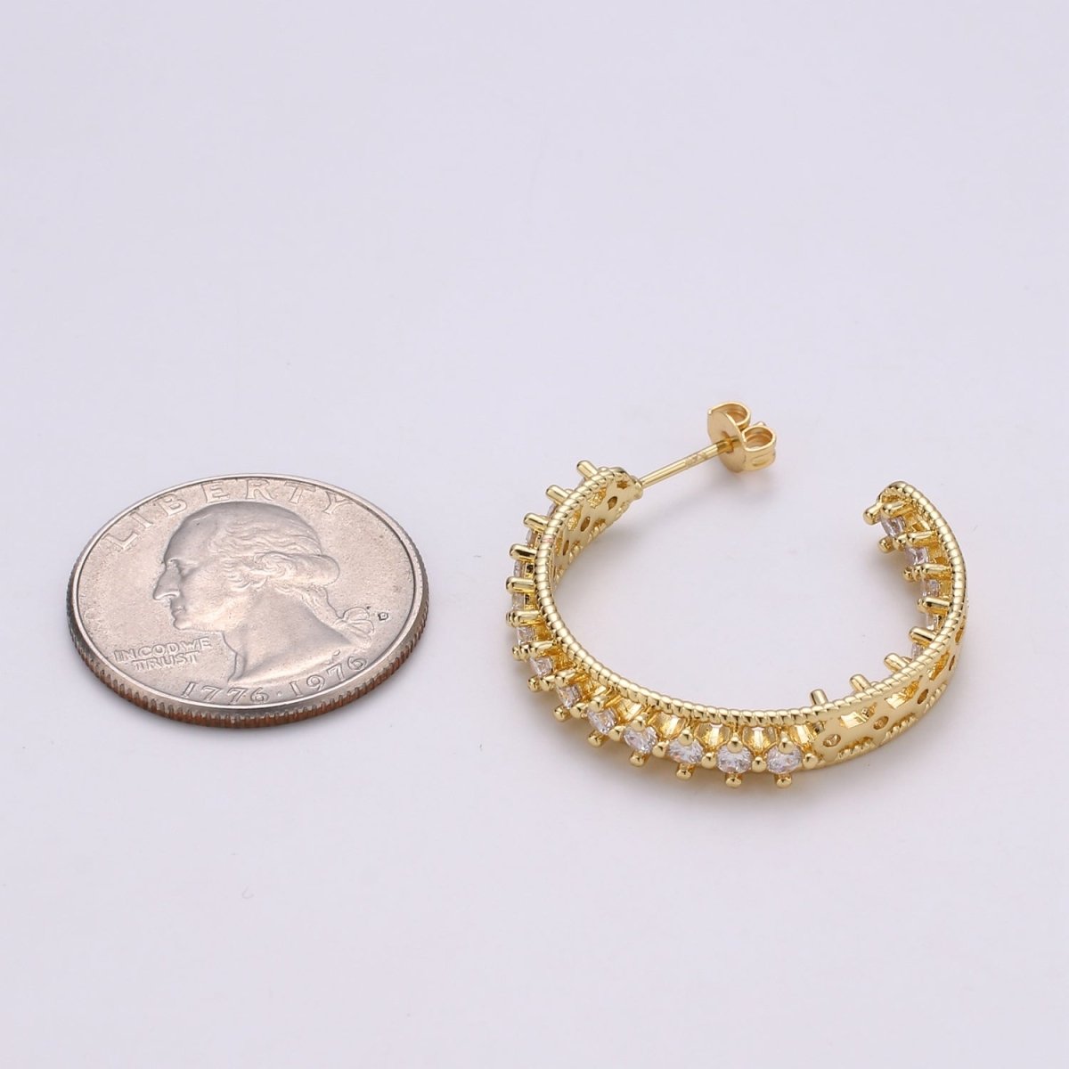 24K Gold Filled 30mm Clear CZ Front - Facing C - Shaped Hoop Earrings | Q420 - DLUXCA