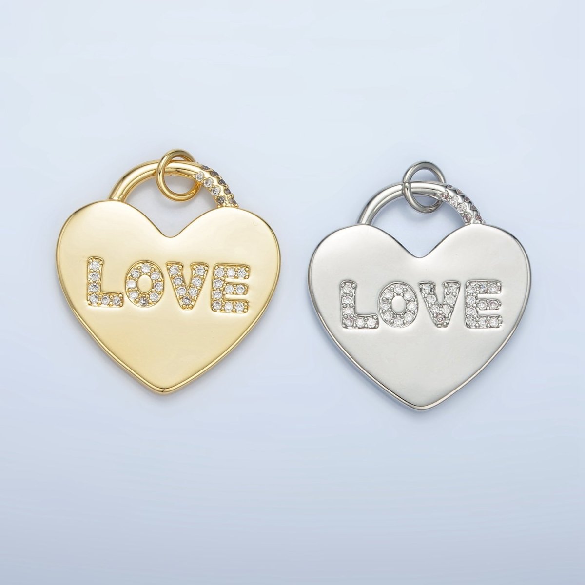 24K Gold Filled 30mm "LOVE" Micro Paved CZ Heart Padlock Charm in Gold & Silver | N743 - DLUXCA