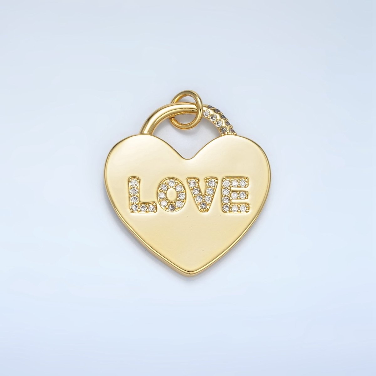 24K Gold Filled 30mm "LOVE" Micro Paved CZ Heart Padlock Charm in Gold & Silver | N743 - DLUXCA