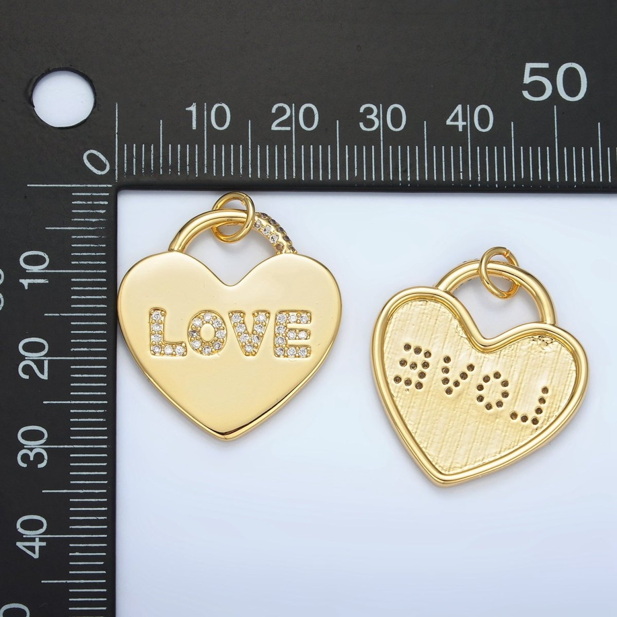 24K Gold Filled 30mm "LOVE" Micro Paved CZ Heart Padlock Charm in Gold & Silver | N743 - DLUXCA