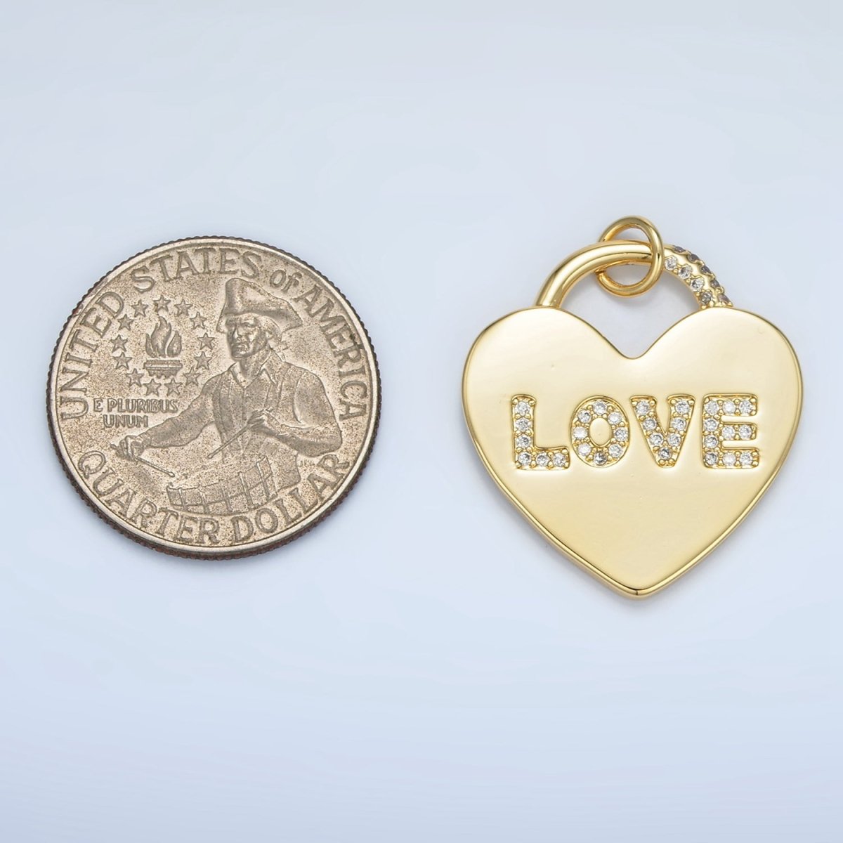 24K Gold Filled 30mm "LOVE" Micro Paved CZ Heart Padlock Charm in Gold & Silver | N743 - DLUXCA