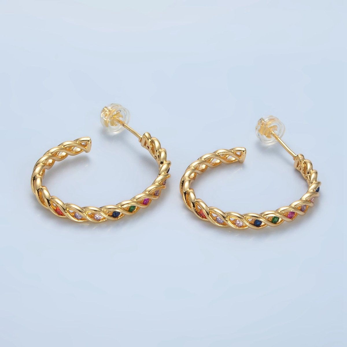 24K Gold Filled 30mm Multicolor, Clear CZ Twisted C - Shaped Hoop Earrings | AD734 AD735 - DLUXCA