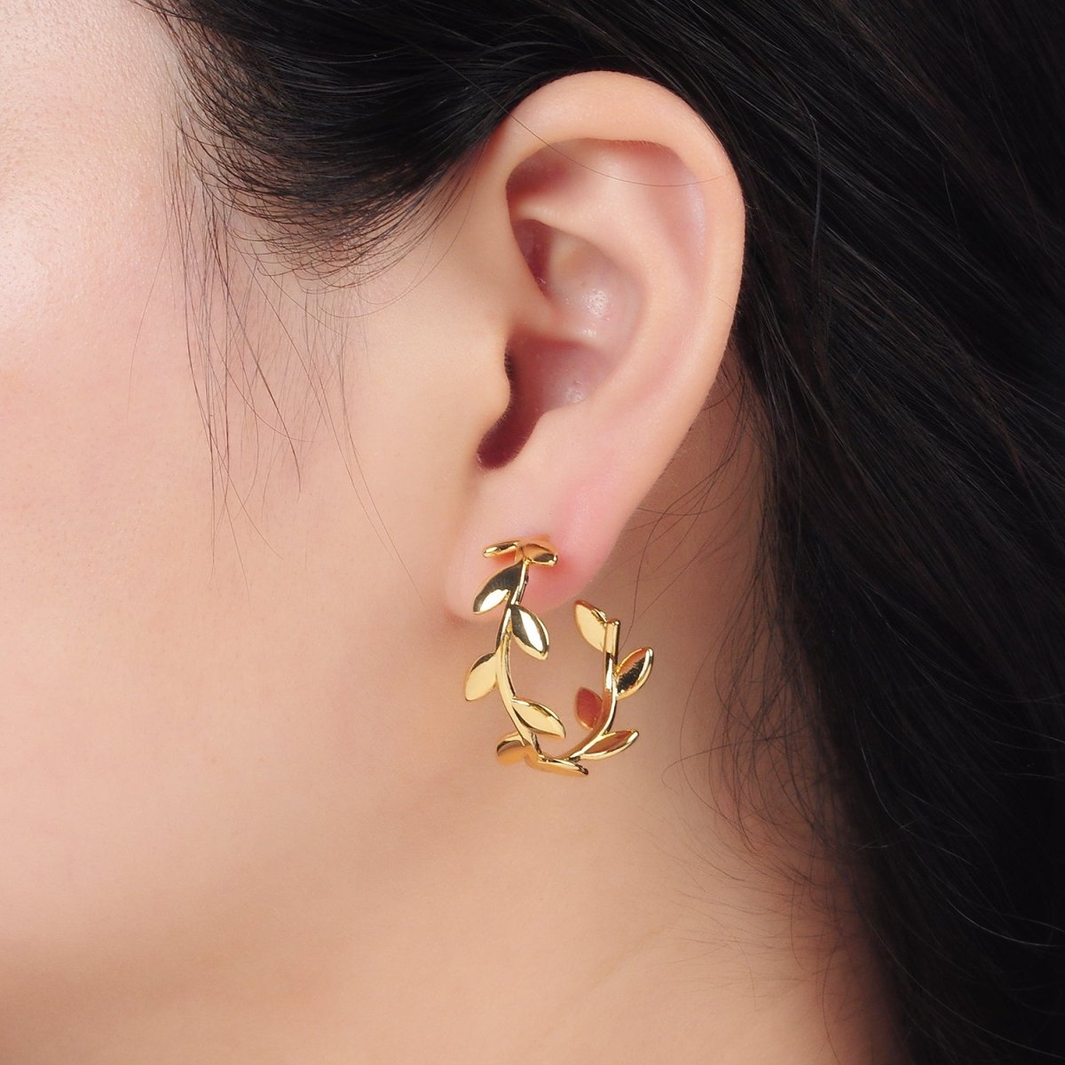 24K Gold Filled 30mm Nature Leaf C - Shaped Hoop Earrings | AB1232 - DLUXCA