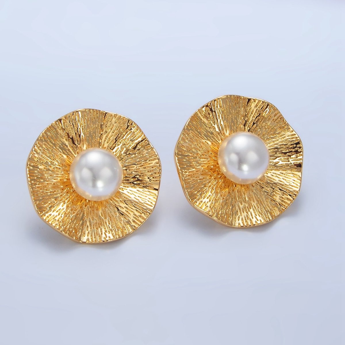 24K Gold Filled 30mm Pearl Line - Textured Line - Textured Flower Stud Earrings | AD775 - DLUXCA