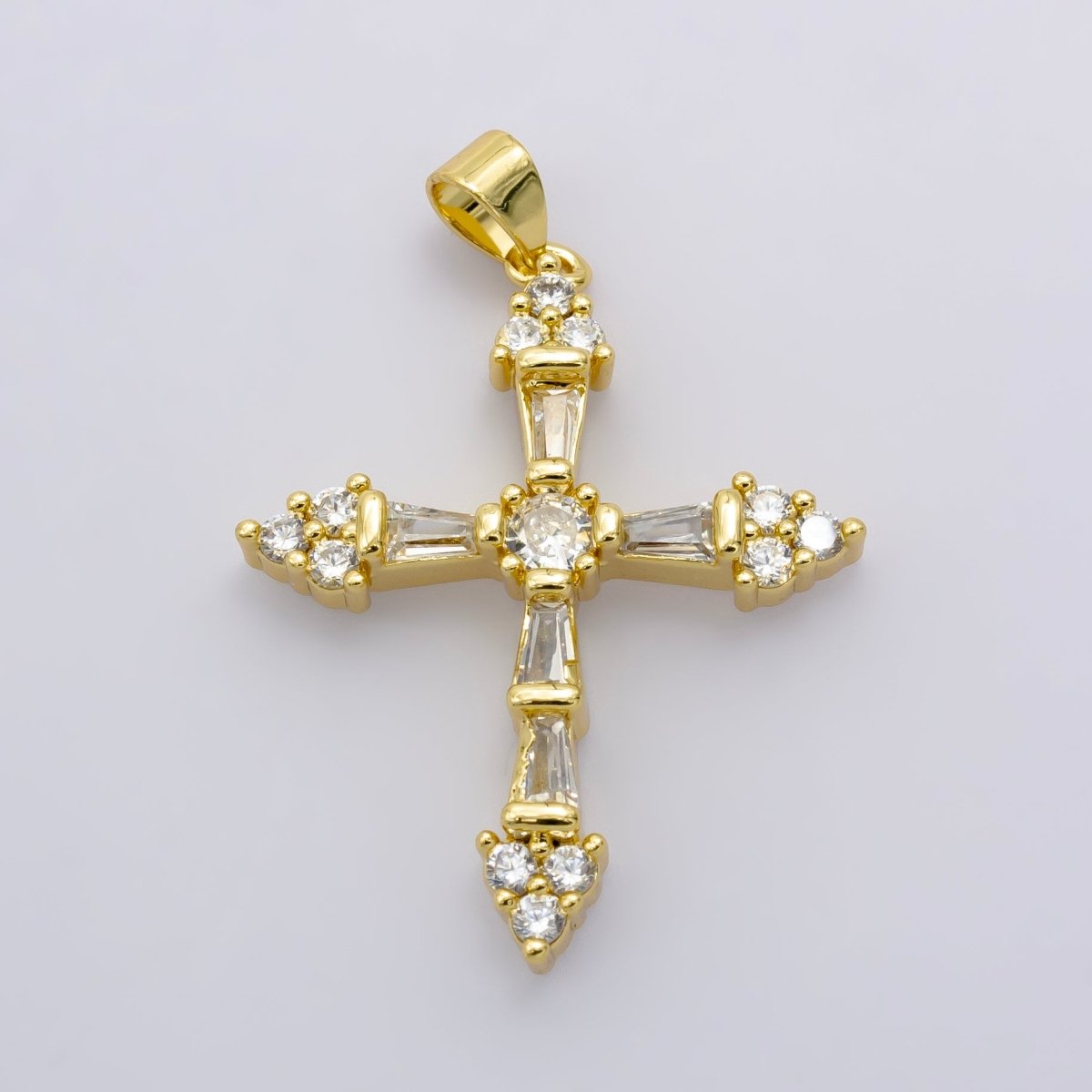 24K Gold Filled 32mm Baguette CZ Paved Cross | AA - 1025 - DLUXCA