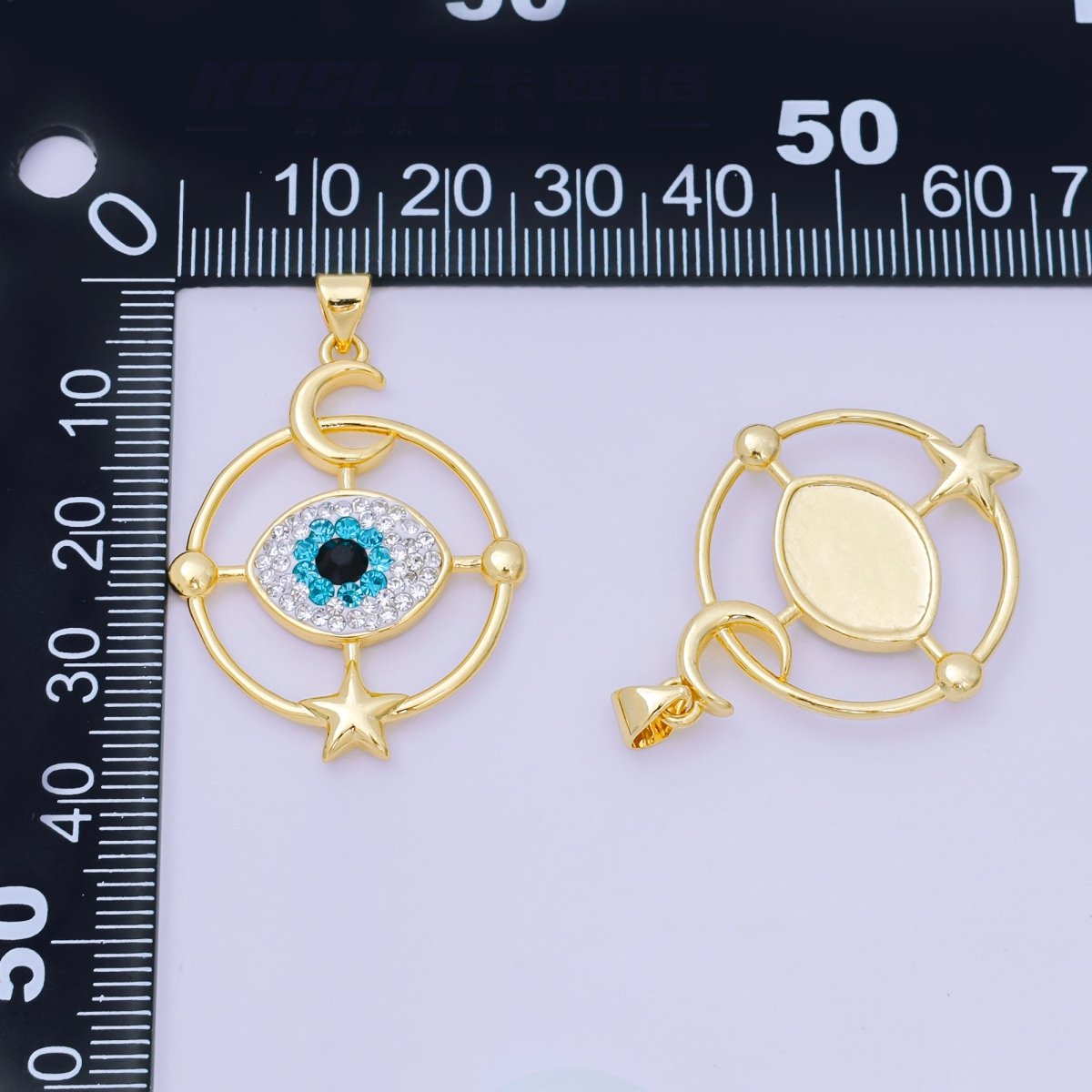 24K Gold Filled 33mm Black, Blue, & Clear CZ Star Moon Evil Eye Charm | AA - 1598 - DLUXCA
