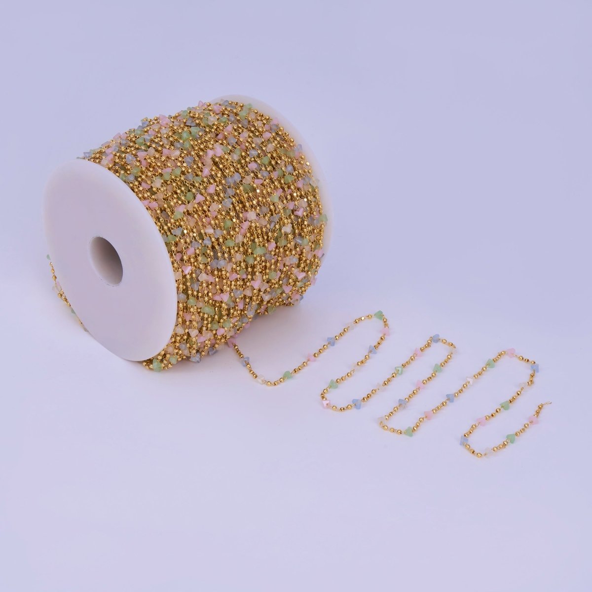 24K Gold Filled 3.3mm Pastel Multicolor Crystal Ball Bead Unfinished Chain by Yard | Roll - 1658 - DLUXCA