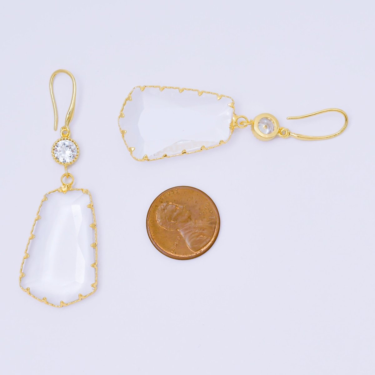 24K Gold Filled 34mm Clear CZ Clear Stone Statement Drop Hook Earrings | AB1603 - DLUXCA