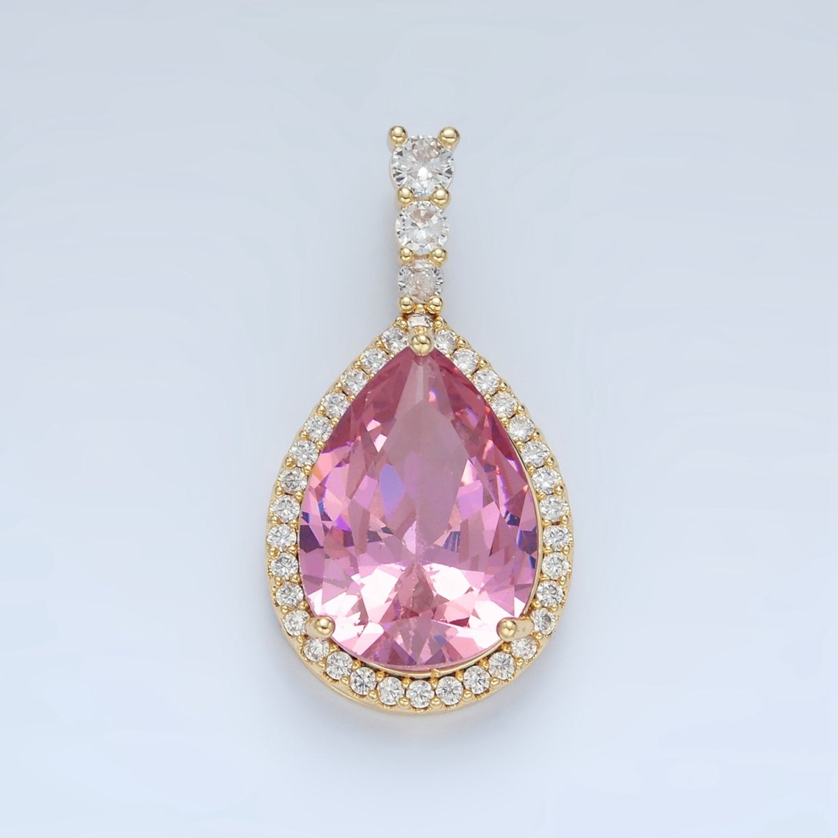 24K Gold Filled 34mm Clear, Red, Blue, Pink, Peach, Green Teardrop CZ Micro Paved Linear Bail Pendant | AA882 - AA887 - DLUXCA