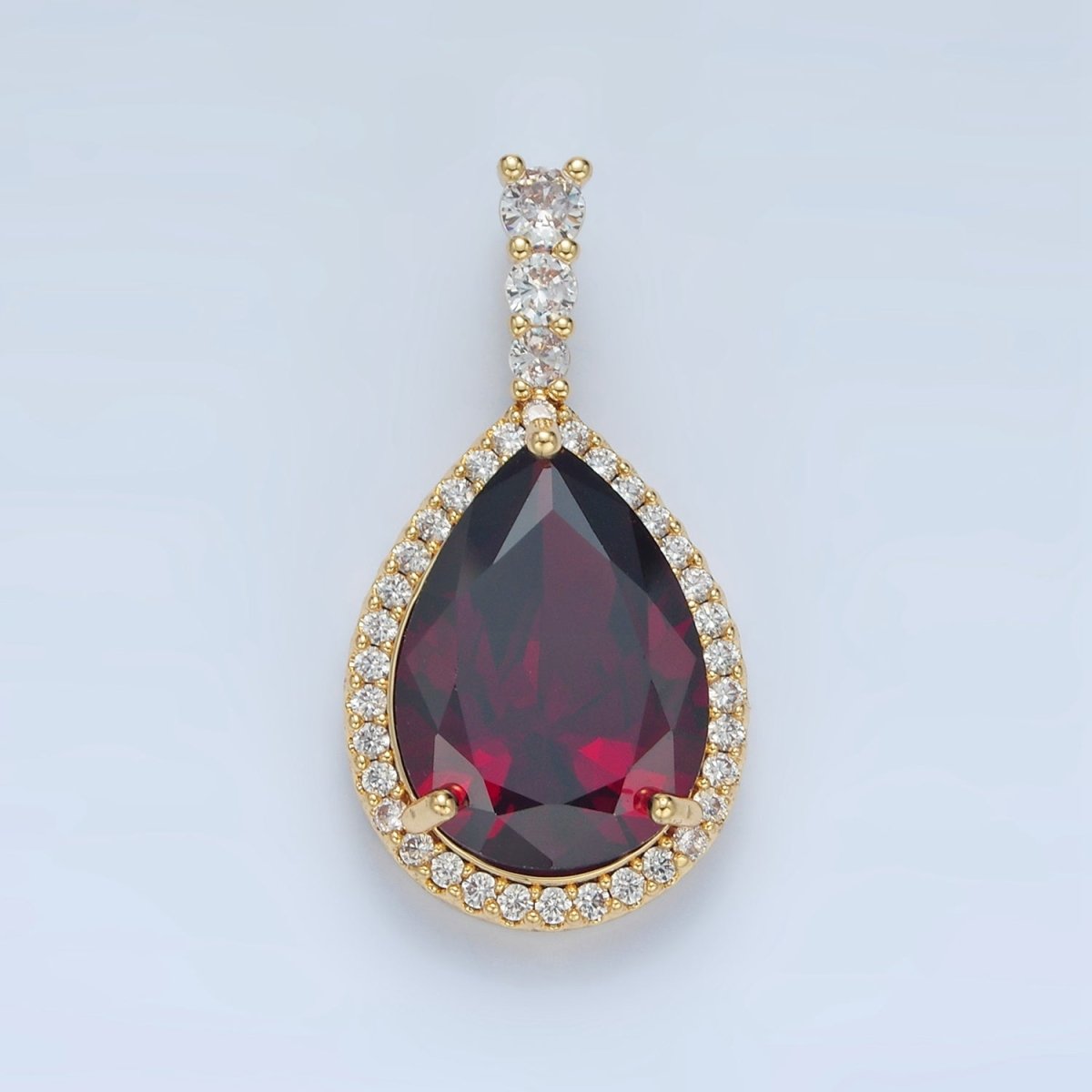 24K Gold Filled 34mm Clear, Red, Blue, Pink, Peach, Green Teardrop CZ Micro Paved Linear Bail Pendant | AA882 - AA887 - DLUXCA