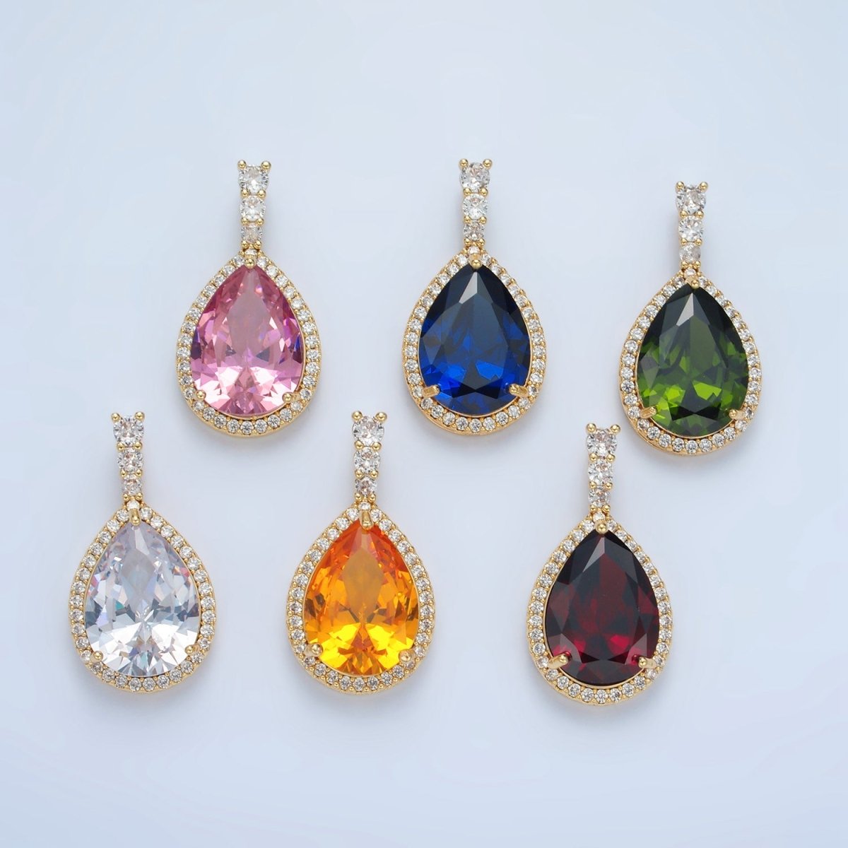 24K Gold Filled 34mm Clear, Red, Blue, Pink, Peach, Green Teardrop CZ Micro Paved Linear Bail Pendant | AA882 - AA887 - DLUXCA