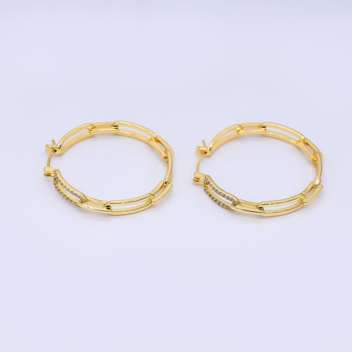 24K Gold Filled 34mm Micro Paved CZ Paperclip Link Latch Hoop Earrings | AI478 - DLUXCA