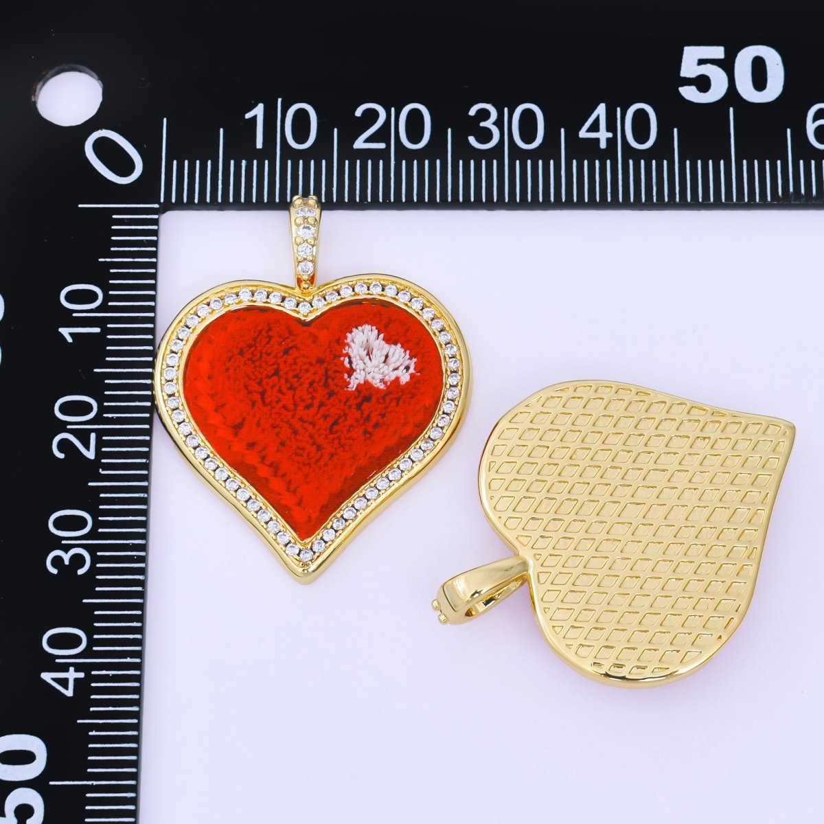 24K Gold Filled 34mm Red Pressed Cotton Micro Paved CZ Heart Pendant | AA1647 - DLUXCA