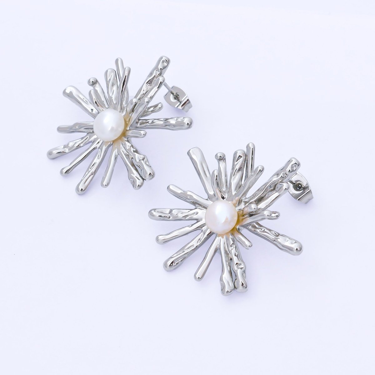 24K Gold Filled 34mm Shell Pearl Sunburst Flower Drop Stud Earrings in Gold & Silver | AB1598 AB1599 - DLUXCA