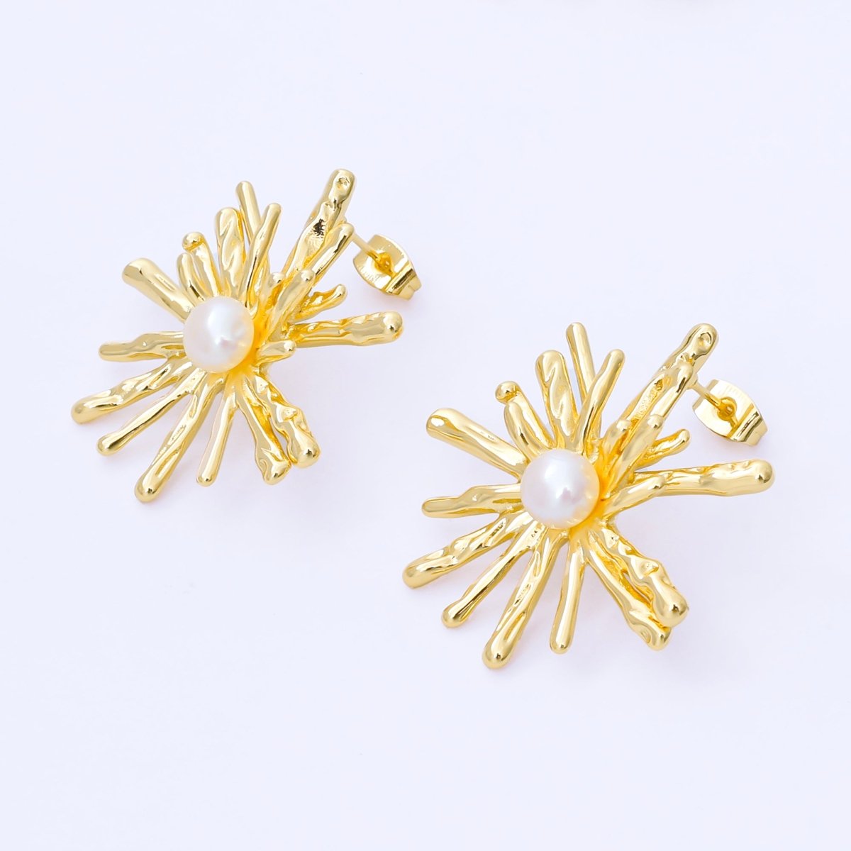 24K Gold Filled 34mm Shell Pearl Sunburst Flower Drop Stud Earrings in Gold & Silver | AB1598 AB1599 - DLUXCA