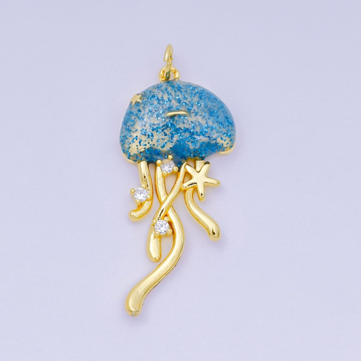 24K Gold Filled 35.5mm Enamel Art Blue Glittered Jellyfish Sea Animal Charm | AH - 605 - DLUXCA