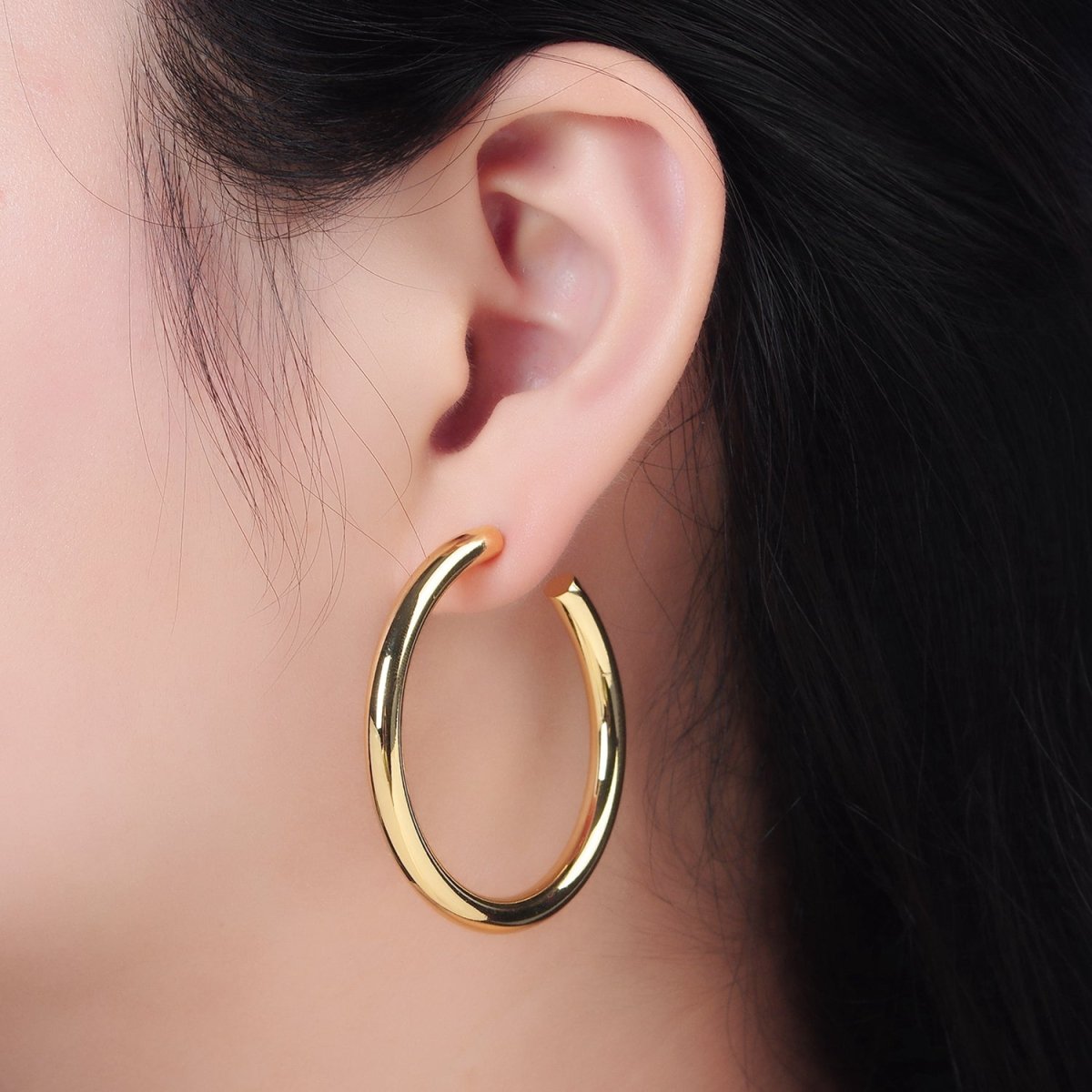 24K Gold Filled 35mm, 45mm Minimalist C - Shaped Hoop Earrings | AD723 AD724 - DLUXCA