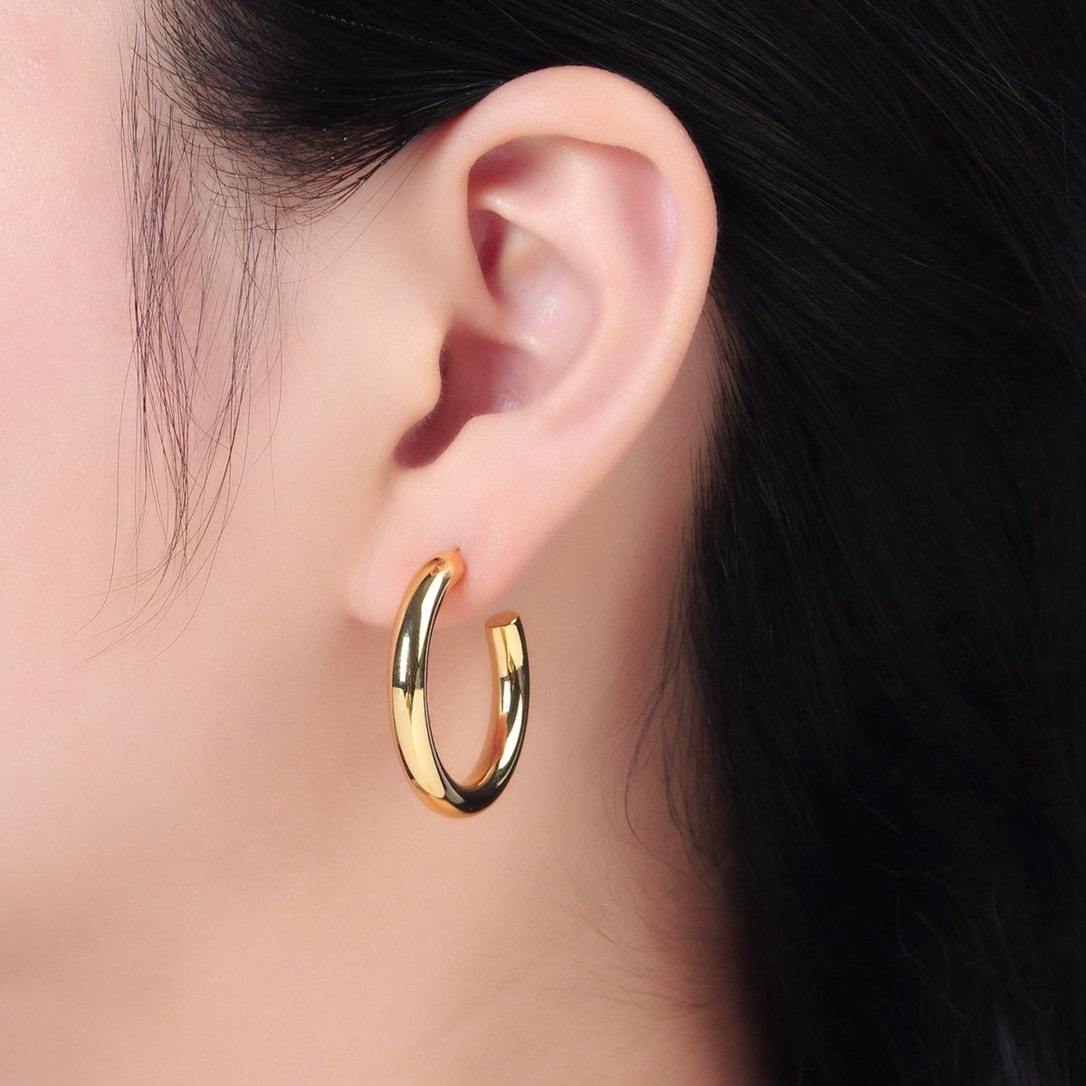 24K Gold Filled 35mm, 45mm Minimalist C - Shaped Hoop Earrings | AD723 AD724 - DLUXCA