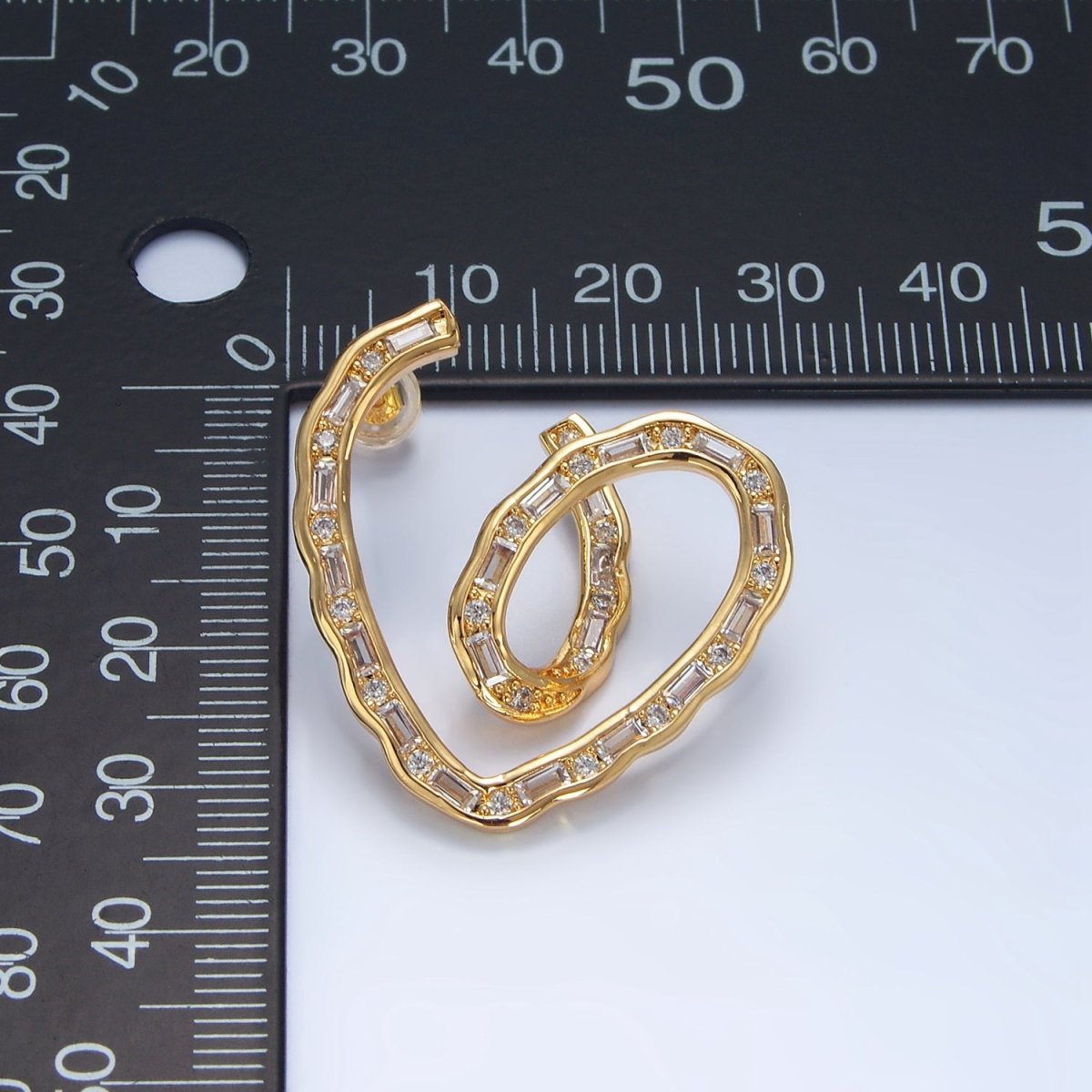 24K Gold Filled 35mm Baguette CZ Curved Heart Stud Earrings | P030 - DLUXCA