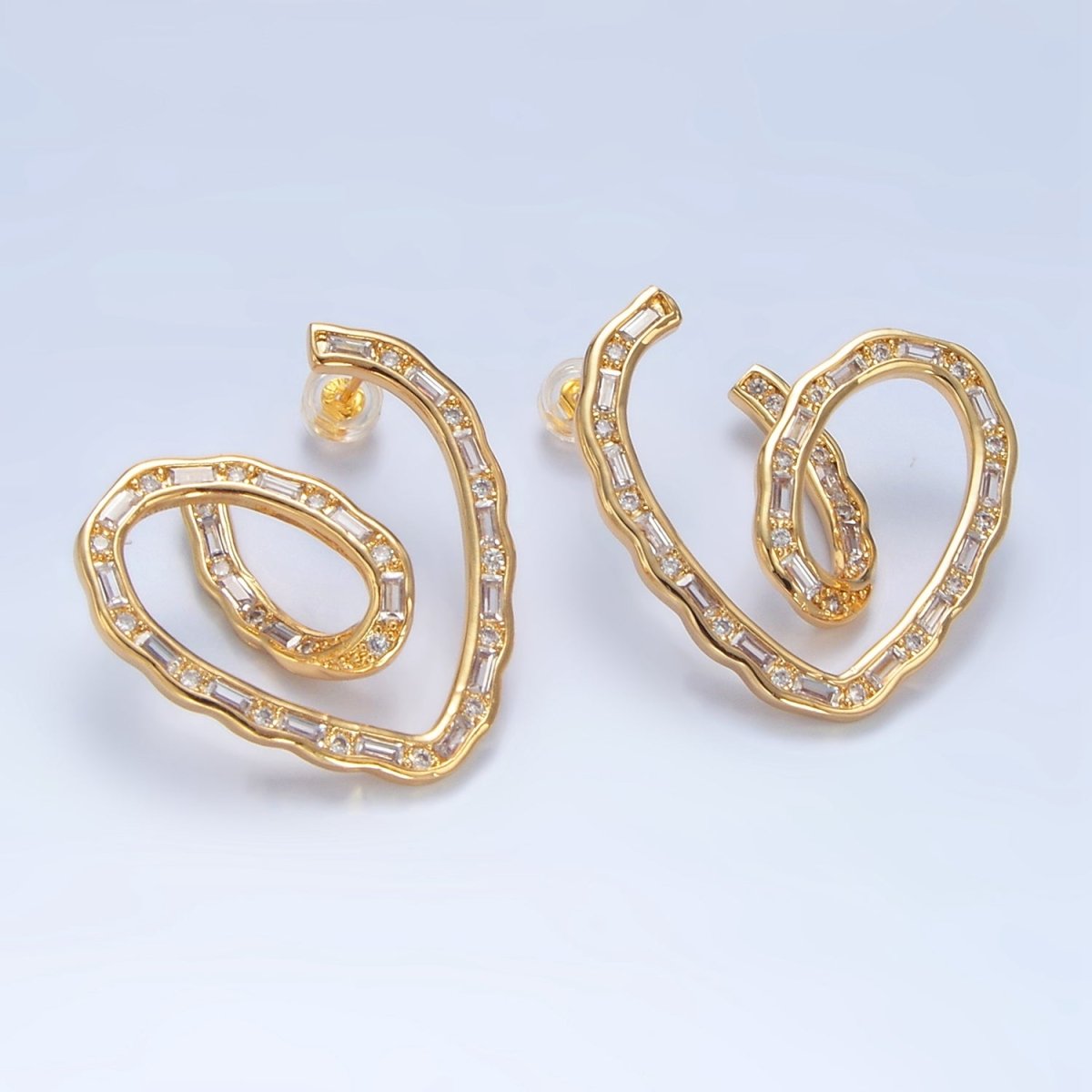 24K Gold Filled 35mm Baguette CZ Curved Heart Stud Earrings | P030 - DLUXCA