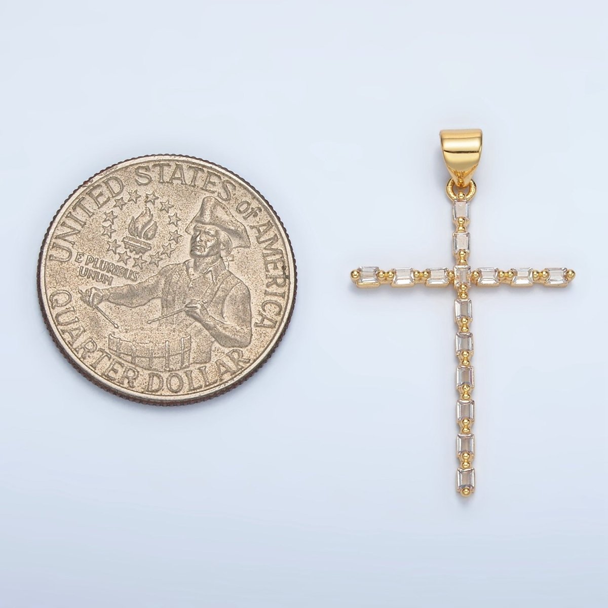 24K Gold Filled 35mm Clear CZ Baguette Religious Cross Pendant | I244 - DLUXCA