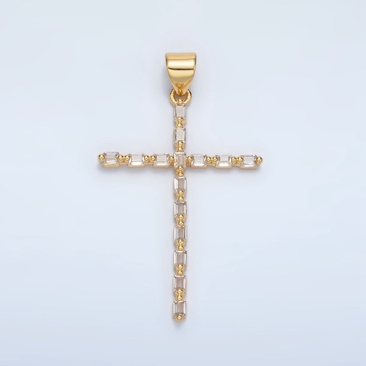24K Gold Filled 35mm Clear CZ Baguette Religious Cross Pendant | I244 - DLUXCA