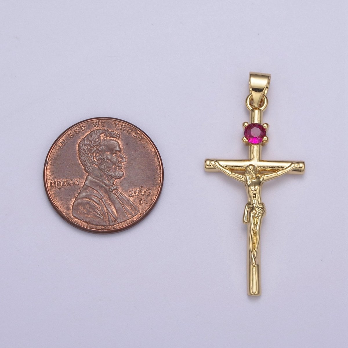 24K Gold Filled 35mm Fuchsia CZ Minimalist Crucifix Cross Pendant | H602 - DLUXCA