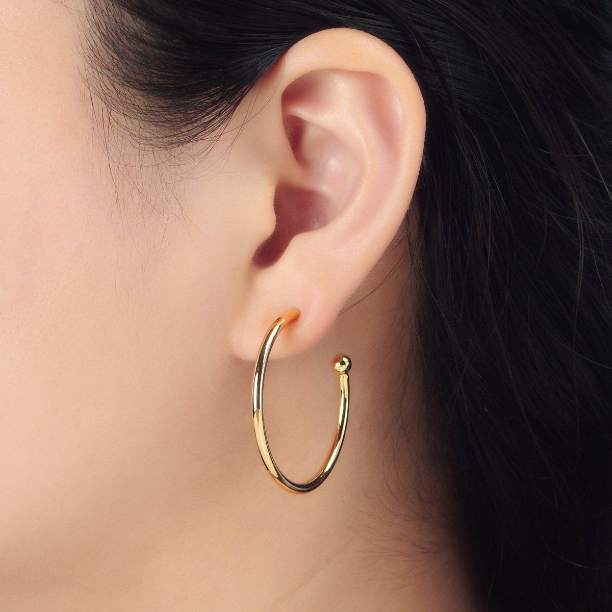 24K Gold Filled 35mm Minimalist Ball C - Shaped Hoop Earrings | AD758 - DLUXCA