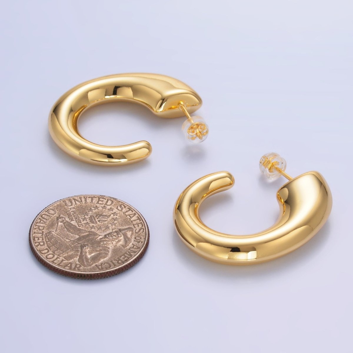 24K Gold Filled 35mm Minimalist J - Shaped Hoop Earrings in Gold & Silver | AB861 AB862 - DLUXCA