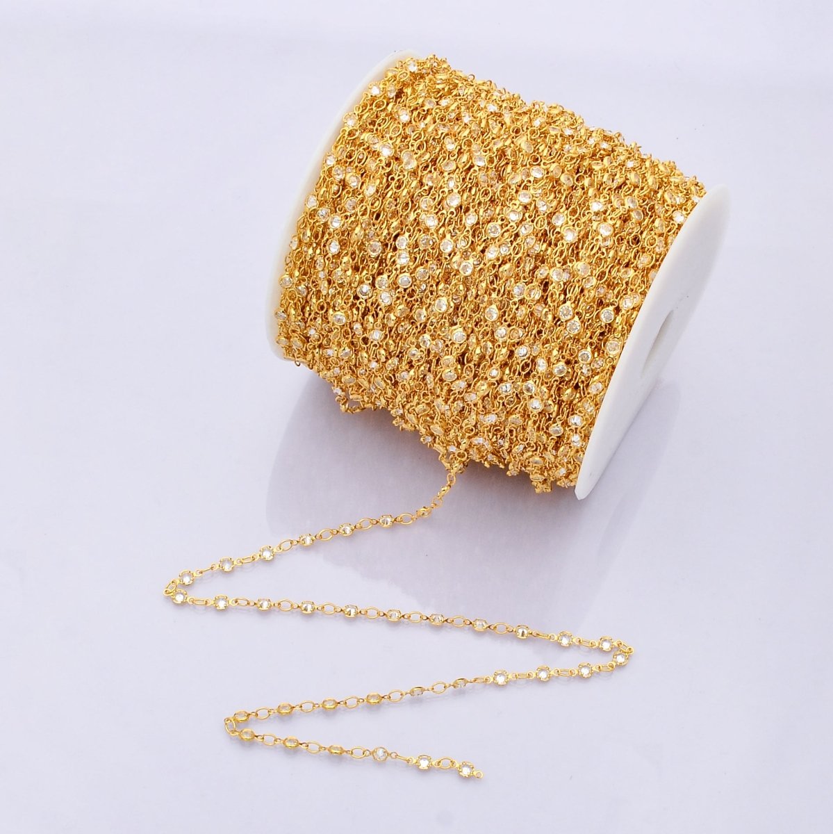 24K Gold Filled 3.6mm Clear CZ Round Bezel Gemstone Unfinished Chain by Yard | Roll-01835 - DLUXCA