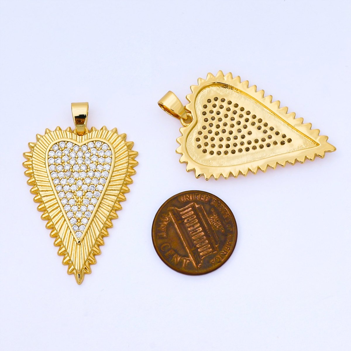 24K Gold Filled 36mm Micro Paved CZ Sunray Outline Heart Pendant | AA1662 - DLUXCA