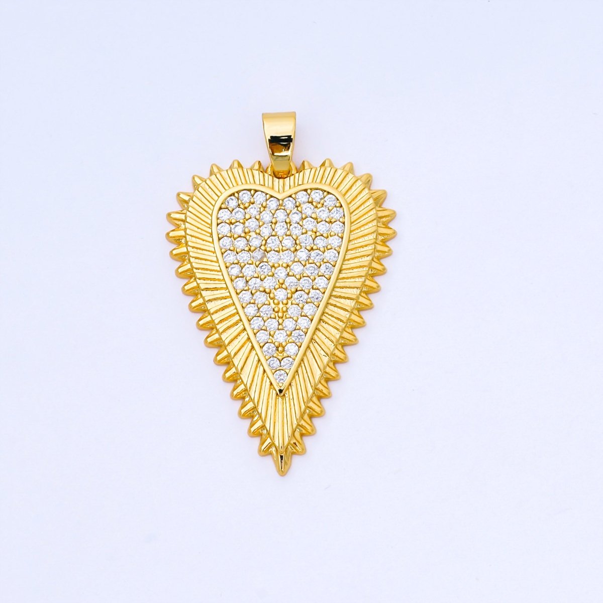 24K Gold Filled 36mm Micro Paved CZ Sunray Outline Heart Pendant | AA1662 - DLUXCA