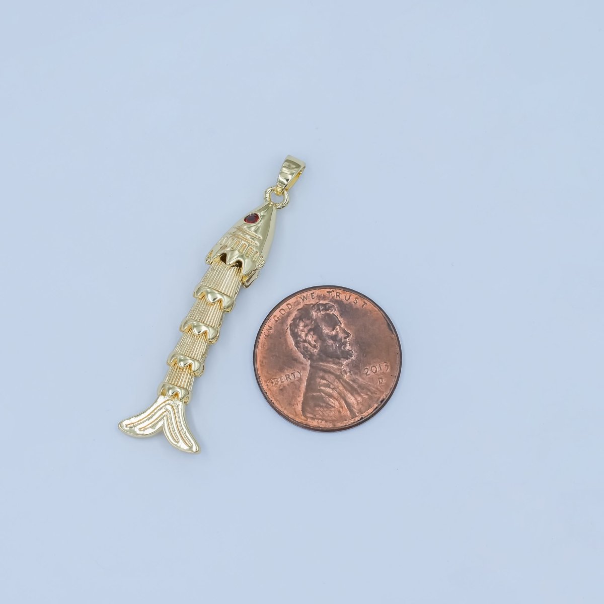 24K Gold Filled 37mm Red CZ Eye Artisan Fish Multidimensional 3D Charm | AA1496 - DLUXCA