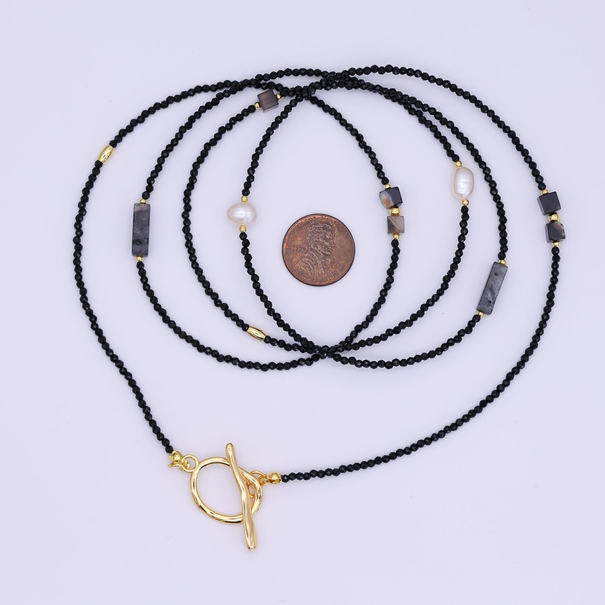 24K Gold Filled 3mm Grey Agate Onyx Shell Pearl Gemstone 40 Inches Necklace | WA - 3085 - DLUXCA