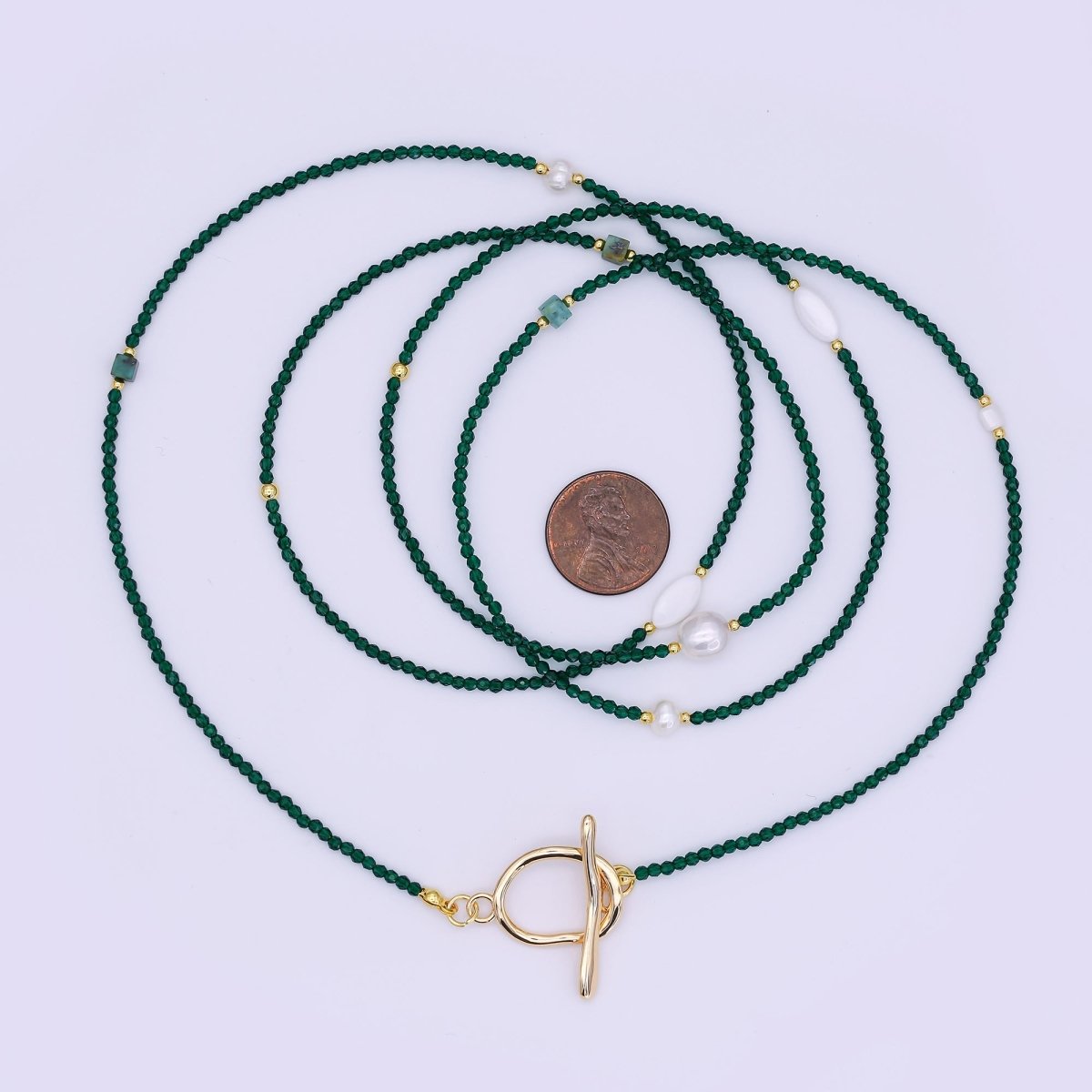 24K Gold Filled 3mm Shell Pearl Green Aventurine Crystal Gemstone 40 Inches Necklace | WA - 3086 - DLUXCA