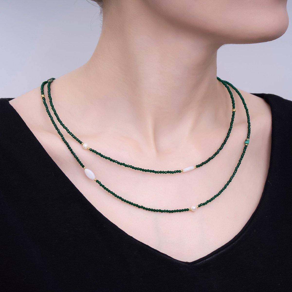 24K Gold Filled 3mm Shell Pearl Green Aventurine Crystal Gemstone 40 Inches Necklace | WA - 3086 - DLUXCA