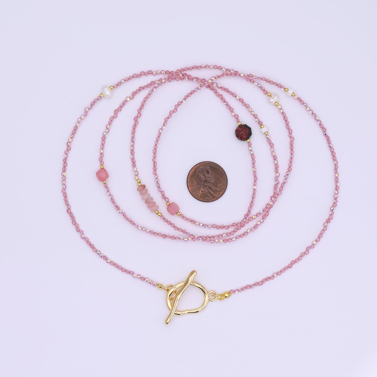 24K Gold Filled 3mm Shell Pearl Rose Pink Crystal Gemstone 40 Inches Necklace | WA - 3079 - DLUXCA