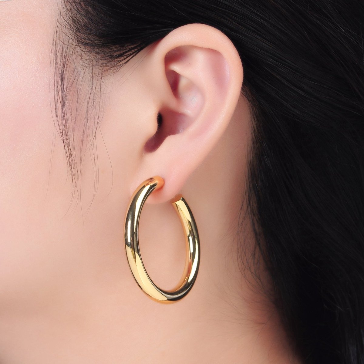 24K Gold Filled 40mm, 45mm, 35mm Minimalist C - Shaped Hoop Earrings | AD720 - AD722 - DLUXCA