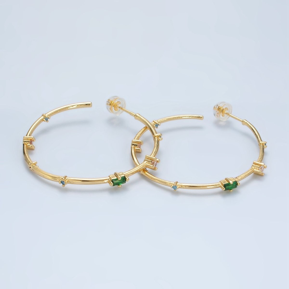 24K Gold Filled 40mm Clear Green Baguette CZ C - Shaped Hoop Earrings | Q300 - DLUXCA