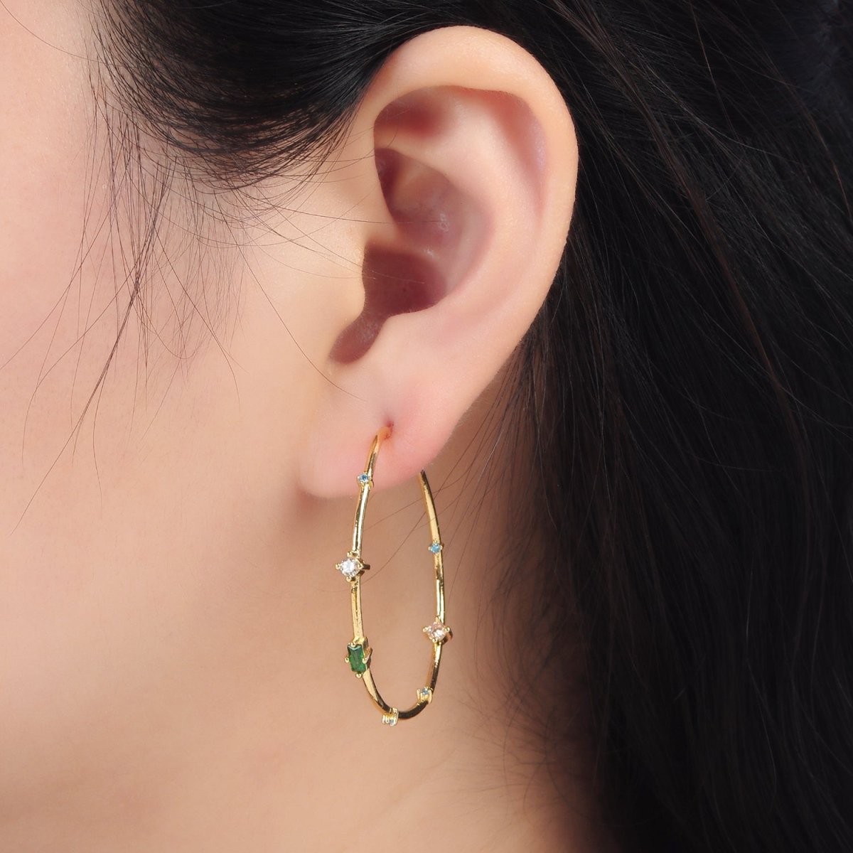 24K Gold Filled 40mm Clear Green Baguette CZ C - Shaped Hoop Earrings | Q300 - DLUXCA