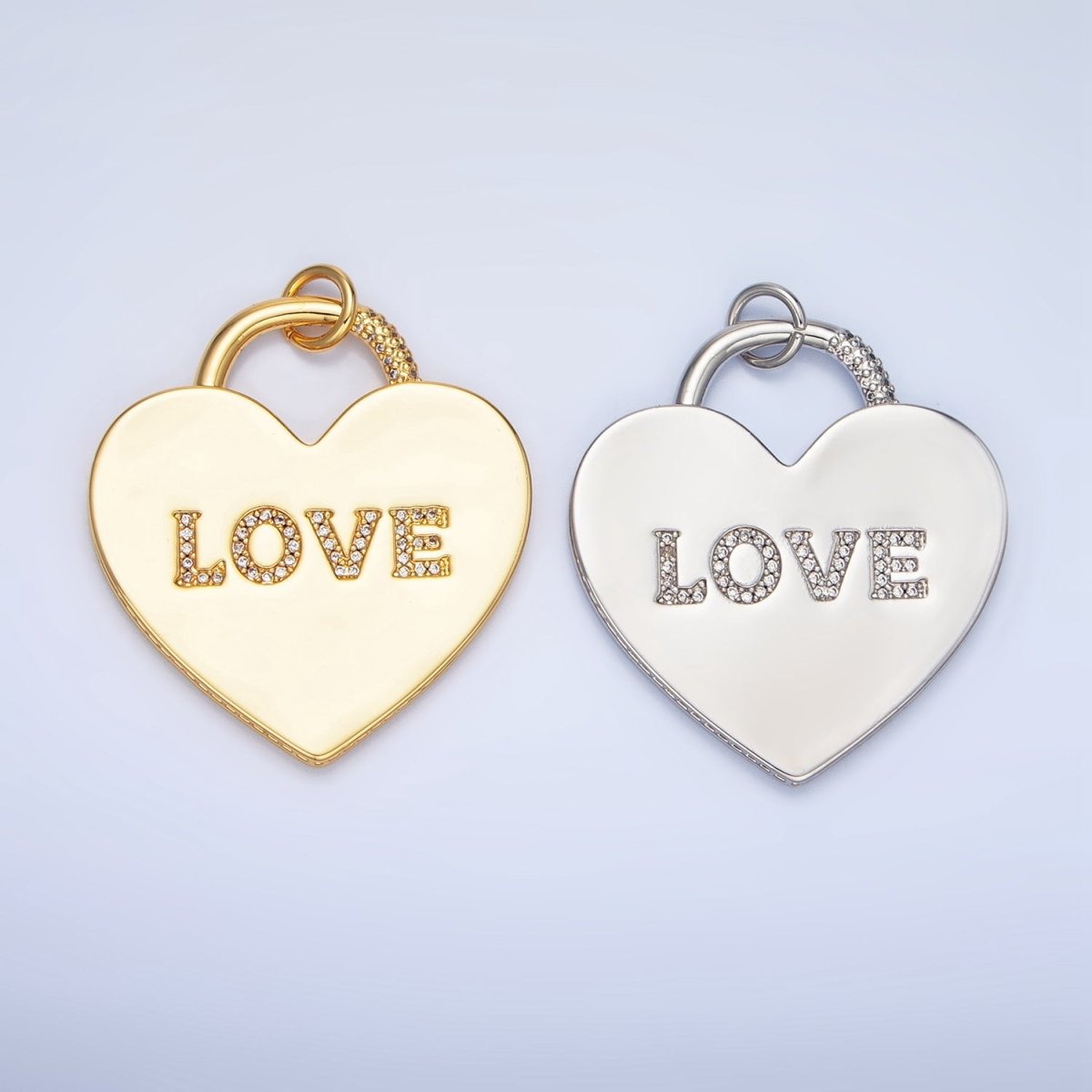 24K Gold Filled 40mm "LOVE" Micro Paved CZ Heart Padlock Charm in Gold & Silver | N746 - DLUXCA